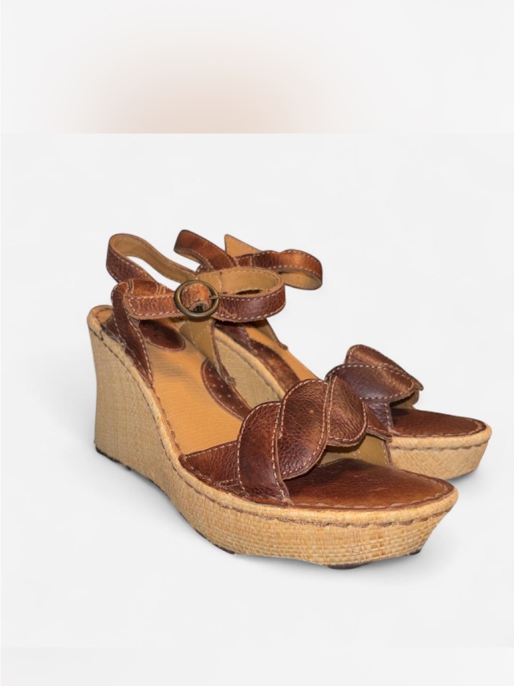 BOC- Women's Brown Woven Leather Wedge Sandals with Ankle Strap